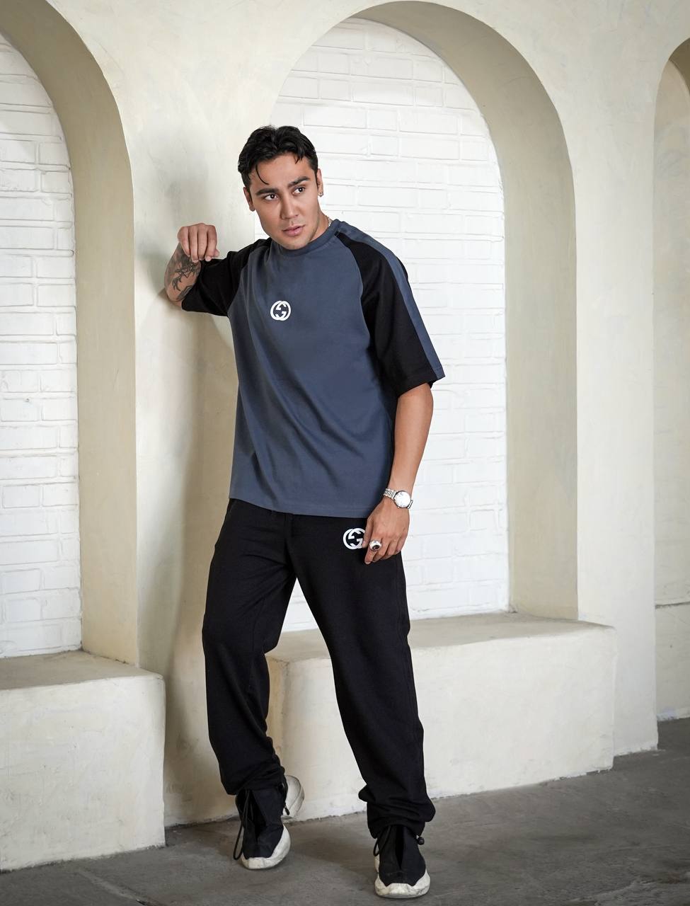 ست اسپرت تیشرت شلوار بگ پارچه ماکان گوچی